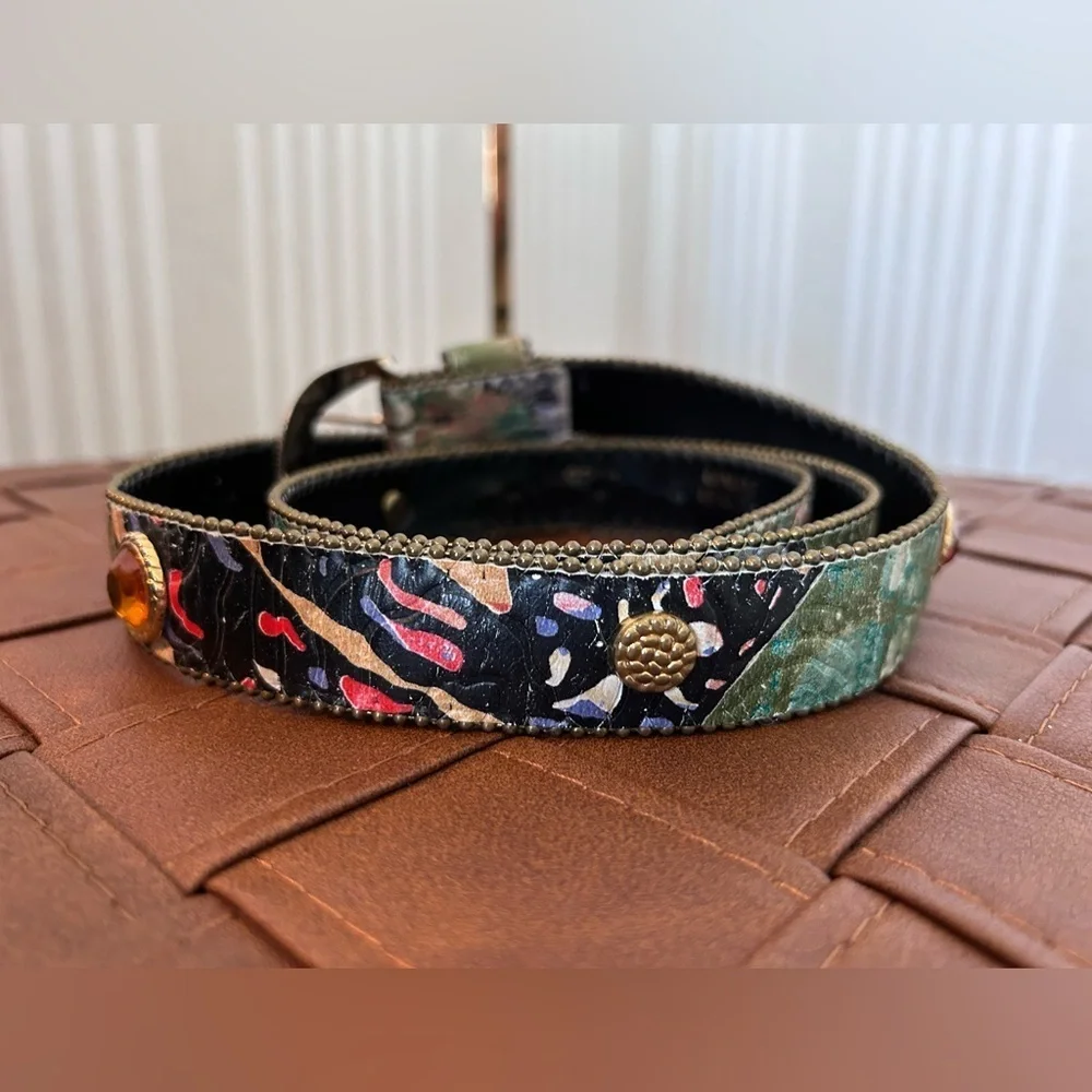 Elite Fresno California Belt Vintage Multicolor Gemstone Gold Beaded Edge Large